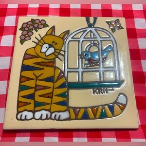 1999 Vintage Earthtones ceramic trivet “The Look”  cat bird 6X6 Krit